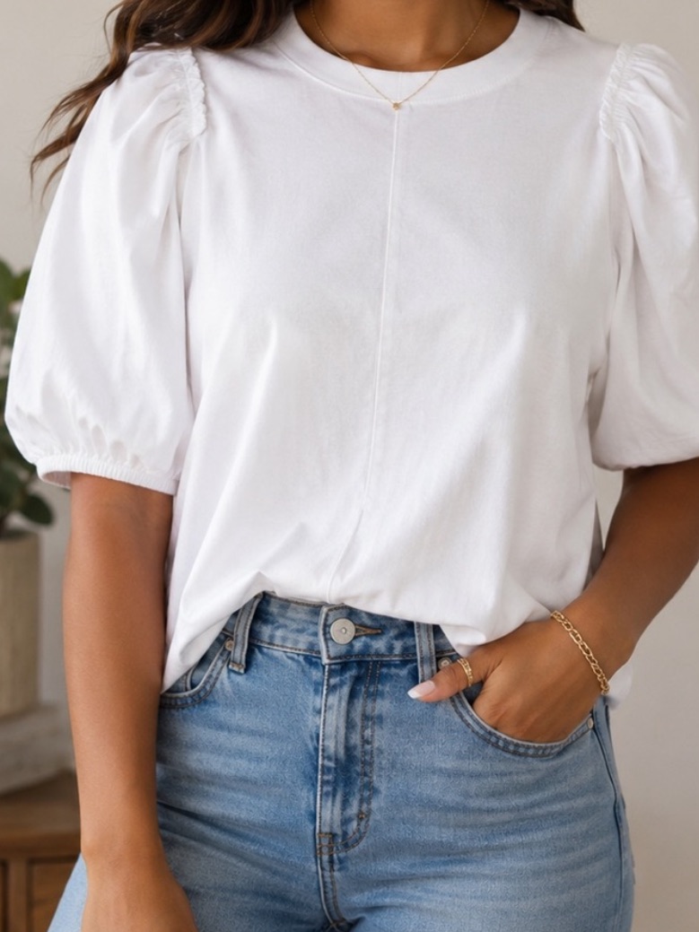 Madewell Puff Sleeve Cotton Blend Crewneck White Tee Size L
